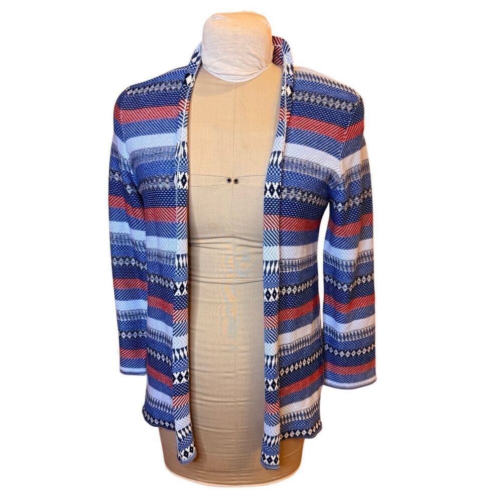 Ruby Rd. Open Front Woven Cardigan Jacket Blue/Red/White Petite Medium
